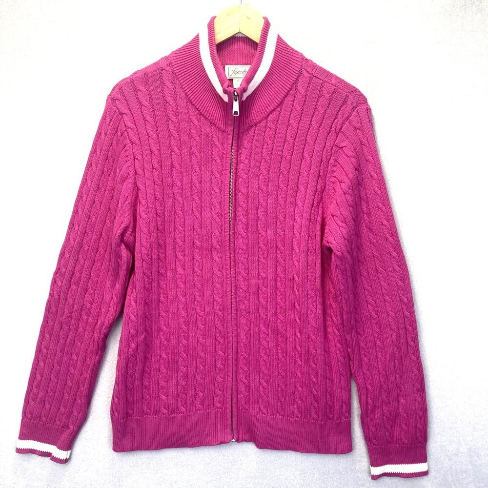 Foxcroft Zip Up Cable Knit Sweater Womens XL Pink Preppy Tenniscore‎ Comfy